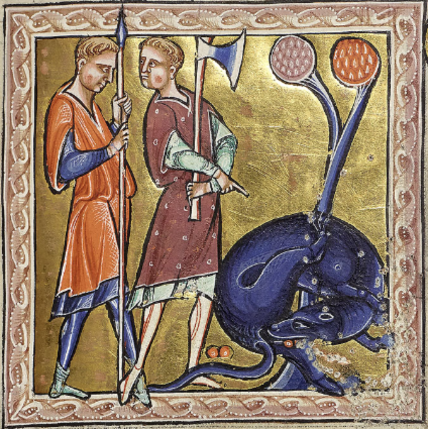 Medieval manuscript image of an indigo, rather un-beaver-like beaver biting off its own testicles beside a tree; a hunter with a spear watches, while a hunter with an ax points to the beaver, his face turned to his companion.
