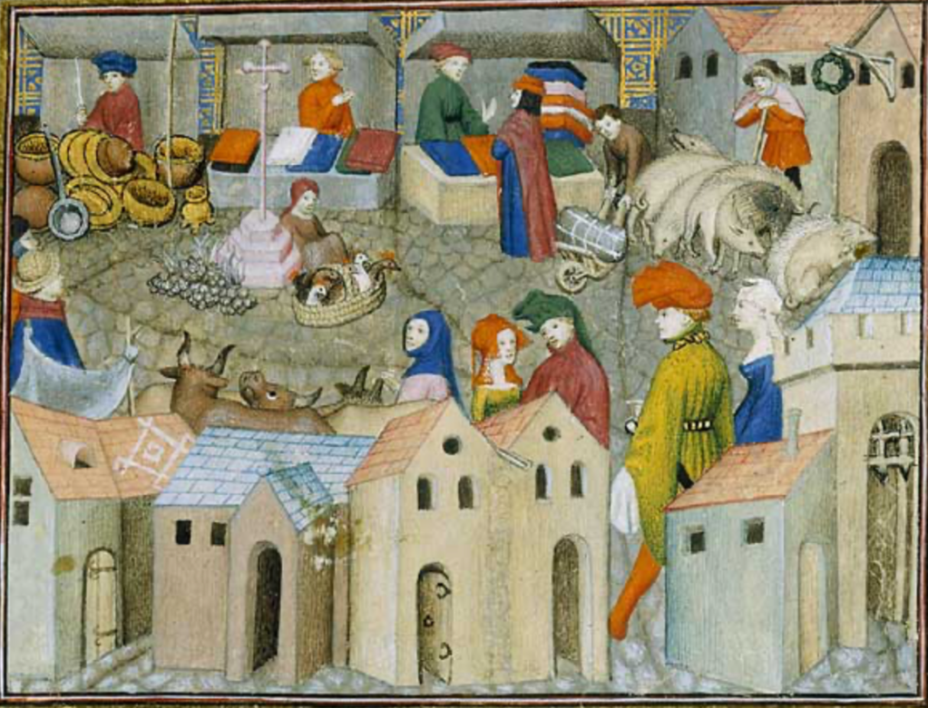 Medieval manuscript image of a market square with a cross in the centre, surrounded by booths with merchants selling cloth, chickens, baskets, hogs and cattle.