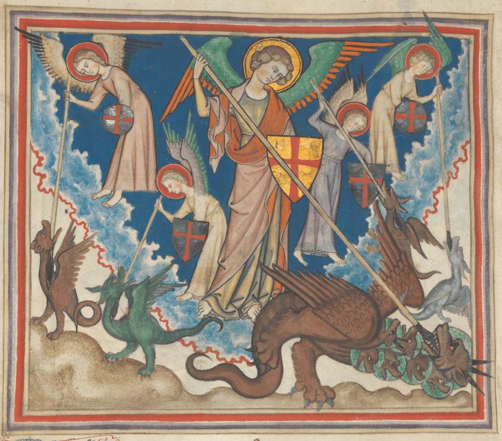 Medieval manuscript image of angels armed with shields and spears stabbing down from the clouds into the mouths of dragon-like beasts below, one of which has seven heads.