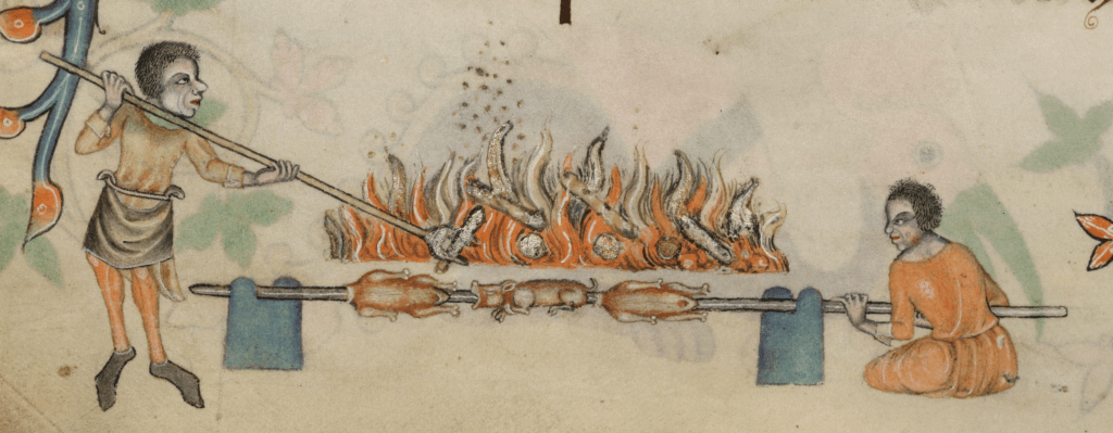 Medieval manuscript image of two men cooking three animals on a long spit; one man sits and turns the spit, while the other uses a long pronged tool to tend the fire.