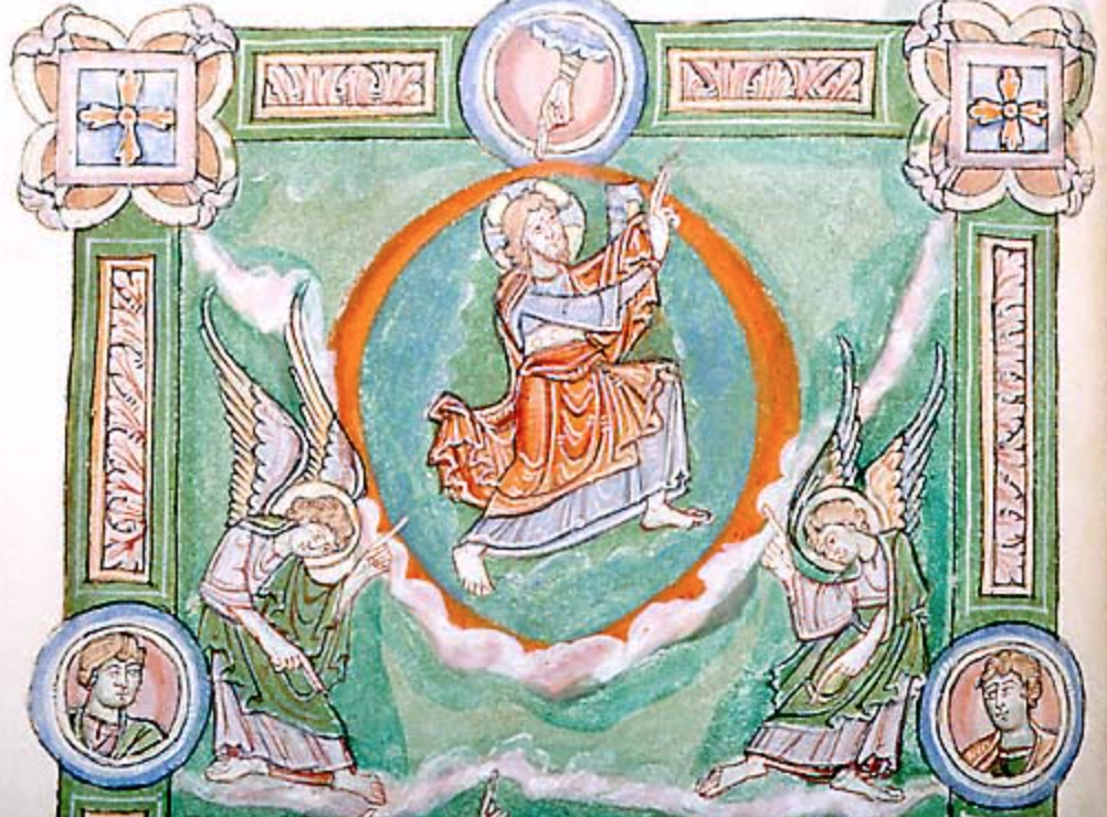 Medieval manuscript image of Christ, cross-nimbed, with book in left hand and right hand raised, striding upward within a mandorla above the cloud-edged arc of heaven, flanked by two nimbed angels.