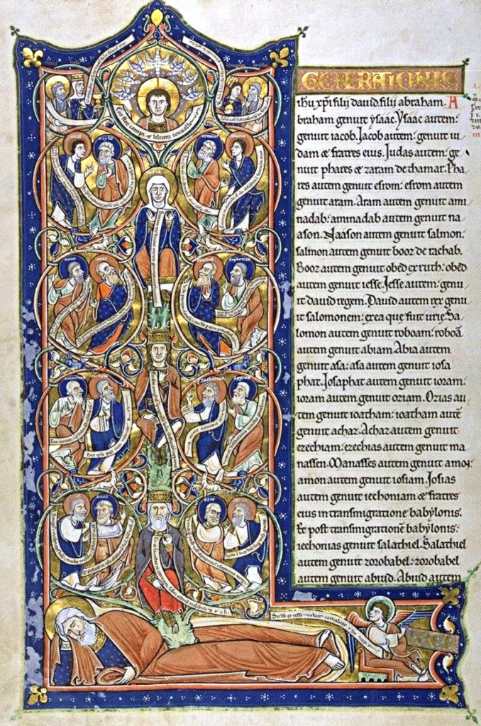 Medieval manuscript image of the Tree of Jesse, a schematic representation of Christ’s genealogy as a branching tree which rises from Jesse of Bethlehem.