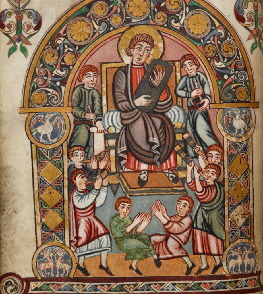 Medieval manuscript image of a haloed man sitting on a throne and playing a lyre, surrounded by other musicians playing horns and drums and people clapping their hands.
