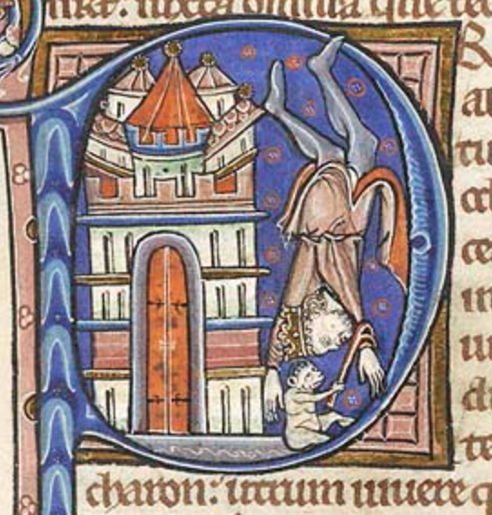 Medieval manuscript historiated initial P showing a king falling headlong from a tower or city wall, his wrist caught in a hook held by the Devil sitting on the ground.