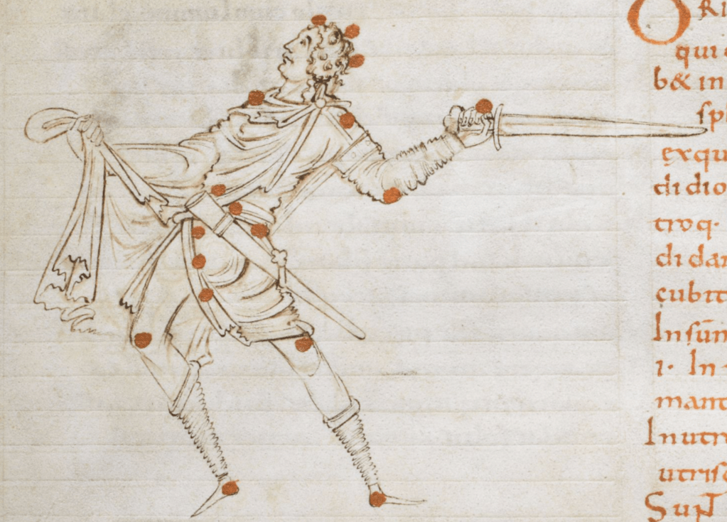 Medieval manuscript depiction of the constellation Orion, the stars marked with red dots on a drawing of a man, whose left hand grasps a sword that extends into the Latin text on the right of the page.