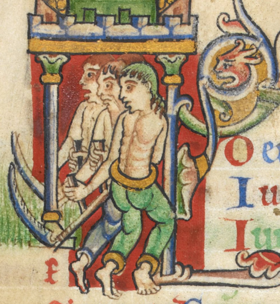 Medieval manuscript image of three shirtless men wielding scythes, bordered by columns, leaves and a dragon head.
