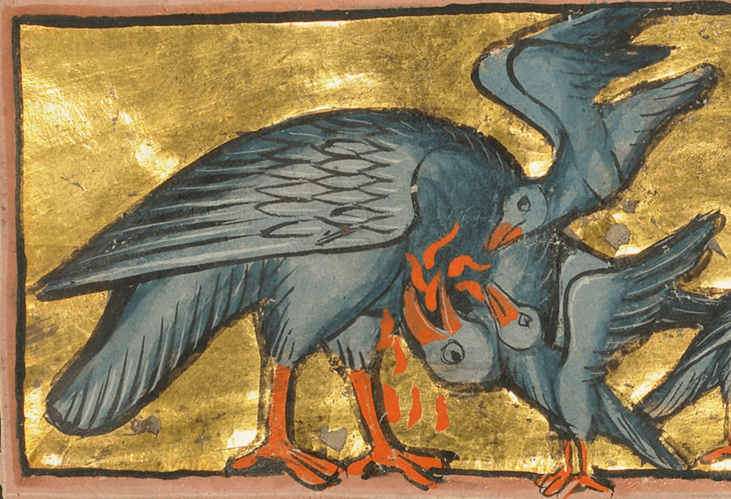 Medieval manuscript image of a pelican pecking her breast so that blood pours out; two of her young feed on the droplets.
