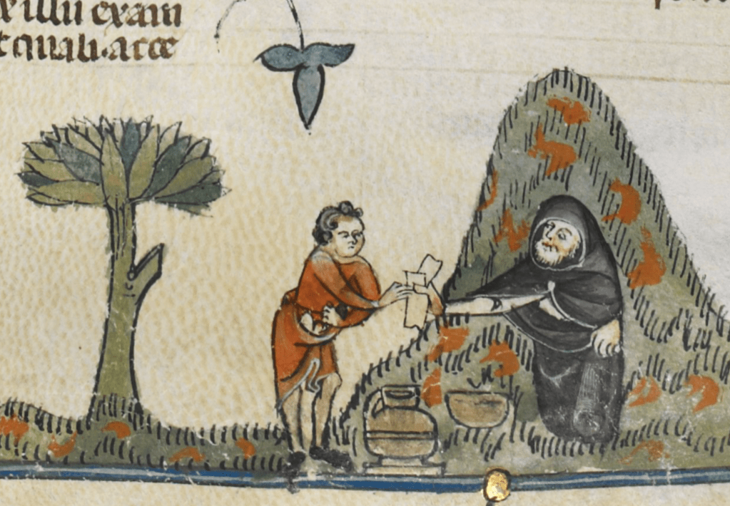 Medieval manuscript image of a man bringing a letter to a black-robed hermit in a cave; a tree and the hermit’s food vessels are nearby.