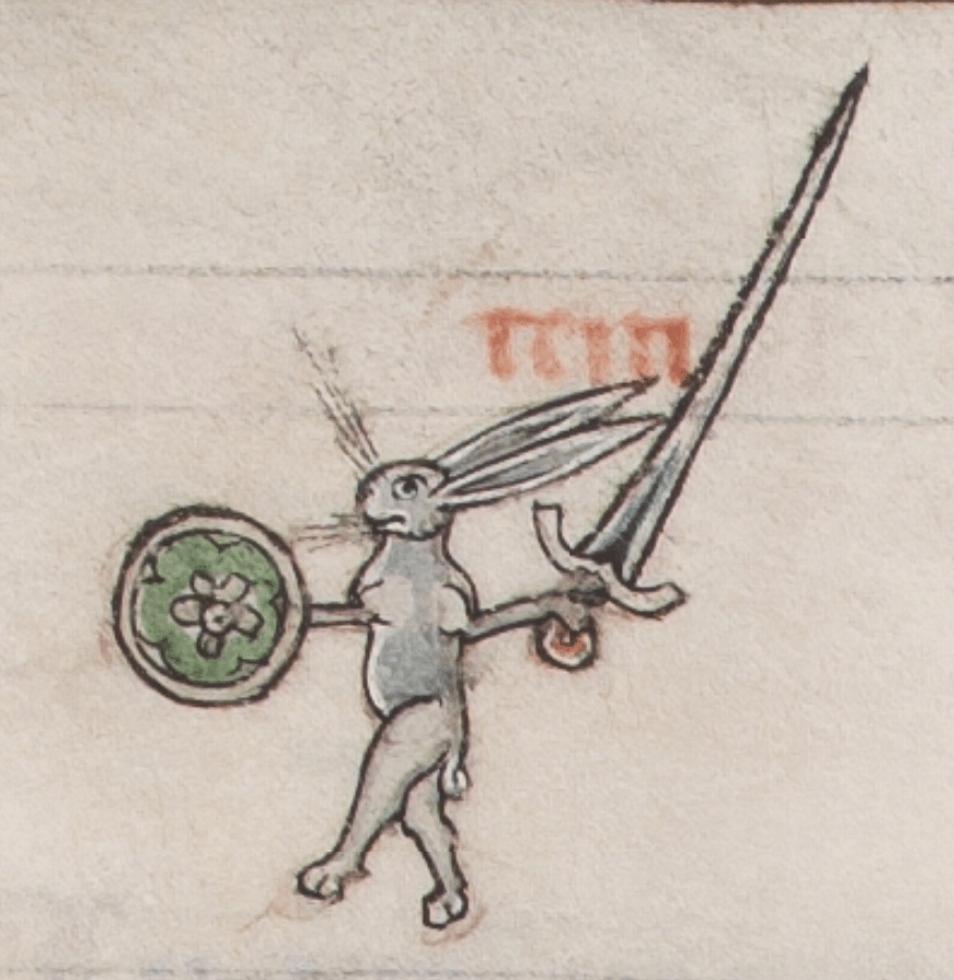 Medieval manuscript image of a rabbit standing on its hind legs waving a giant sword in one forepaw and holding a round shield in the other.