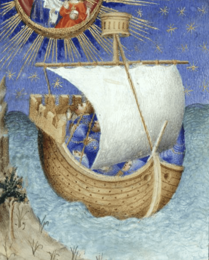 Medieval manuscript image of a ship with a sail in the water near the shore, with a starry night in the background.