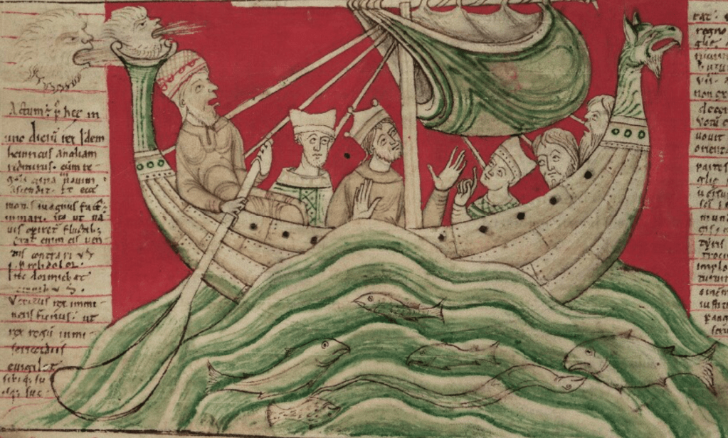 Medieval manuscript image of a ship sailing on the sea, carrying six people; the ship has a beast’s head at the prow, and the wind depicted as two hairy heads blowing the sail.