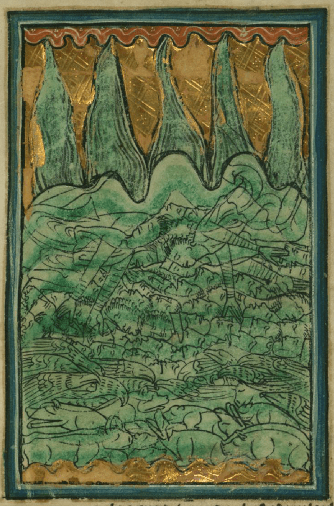 Medieval manuscript image of floodwaters filled with corpses of people and animals, with rain gushing down in five torrents from the clouds above.