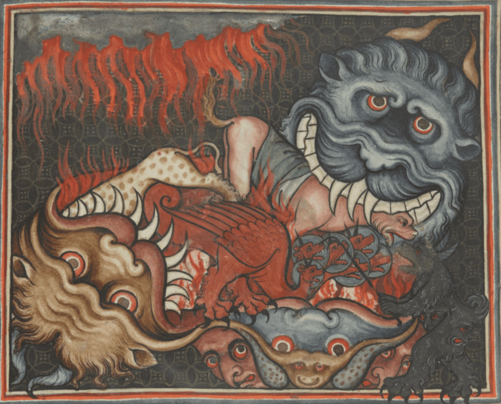 Medieval manuscript image of a three-headed hell-mouth devouring creatures in its three sets of toothy jaws, engulfed in flames of hell fire.
