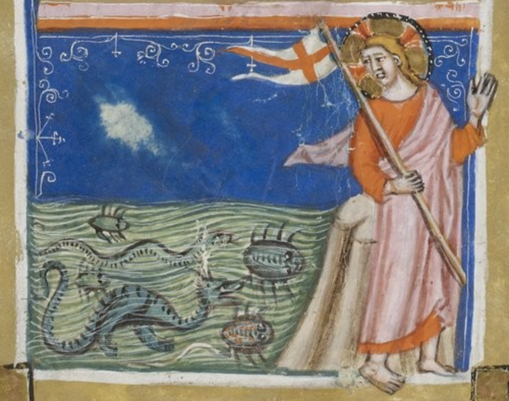 Medieval manuscript image of a haloed man holding a flag and looking behind him at the sea, which is filled with a variety of monsters.
