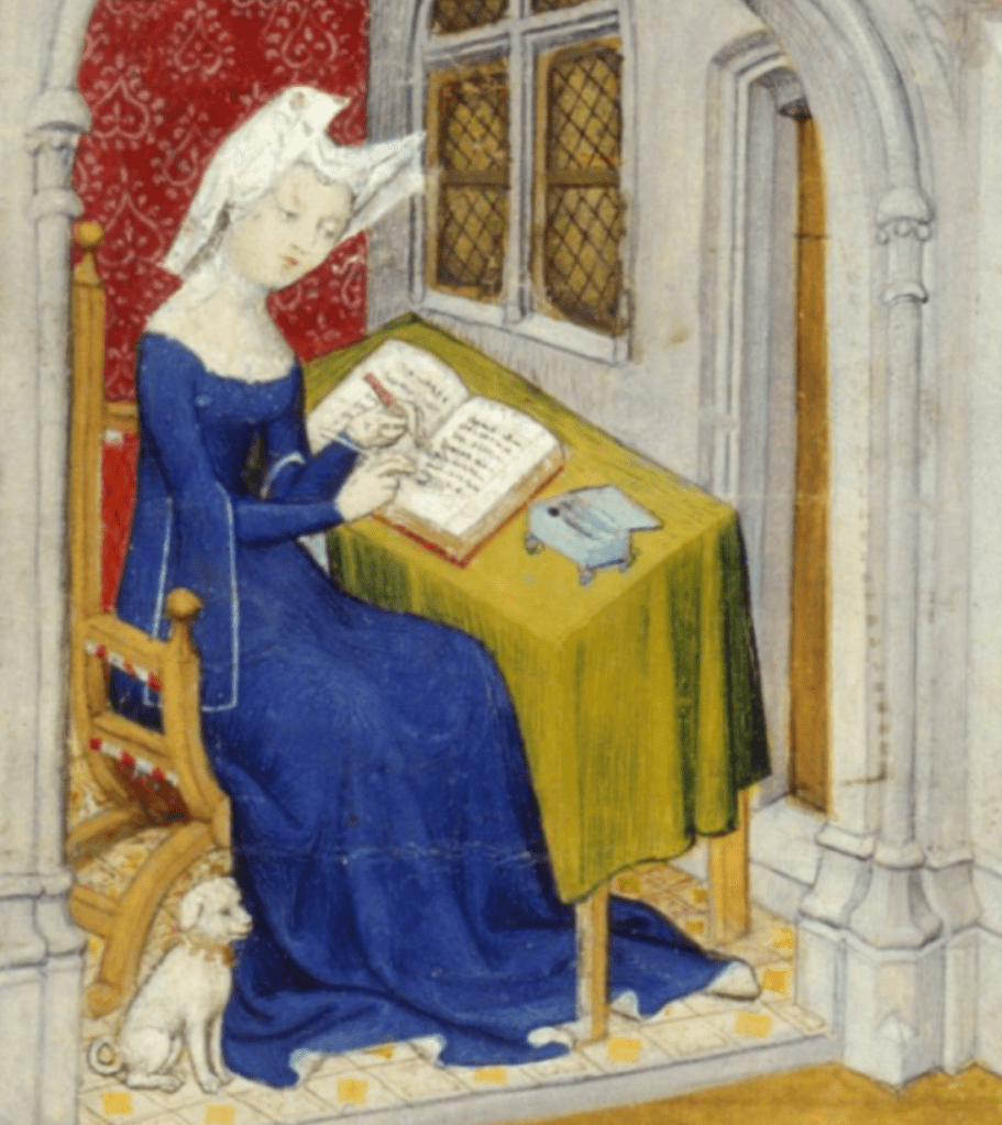 Medieval manuscript image of a well-dressed woman sitting at a desk writing in a book with a little dog at her feet.