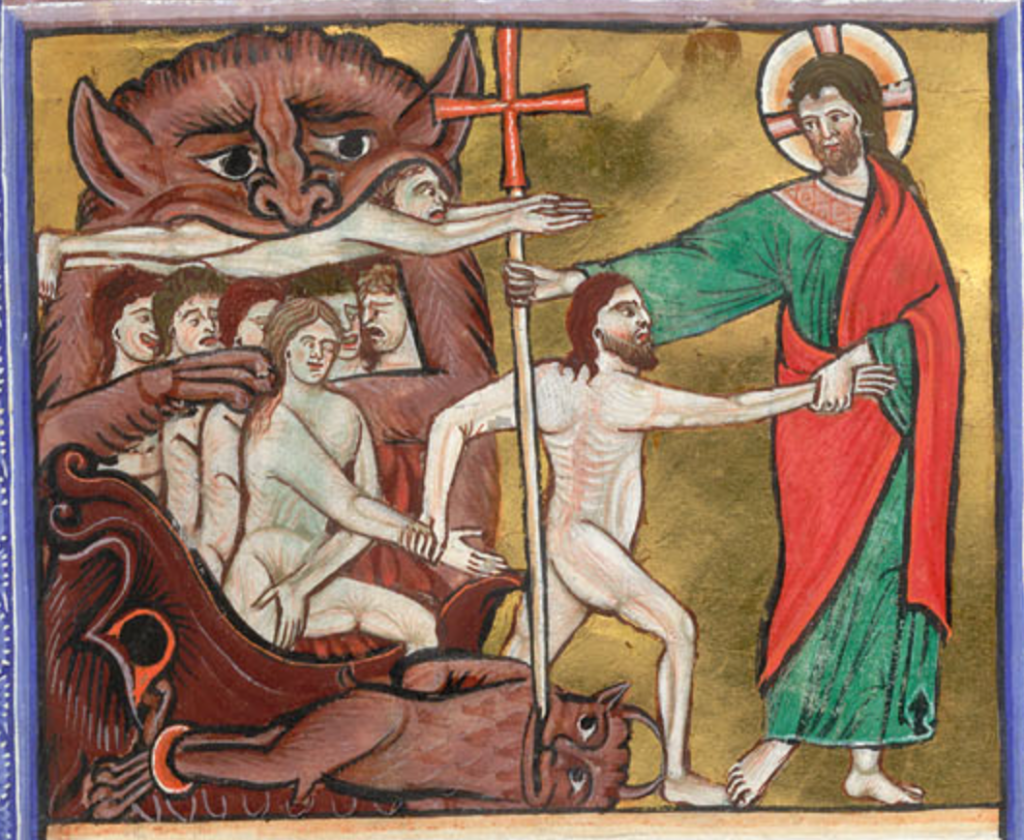 Medieval manuscript image of Christ freeing the souls of the dead from hell, which is depicted as a beast’s gaping jaws; Christ pins a devil to the ground with a staff topped with a cross.
