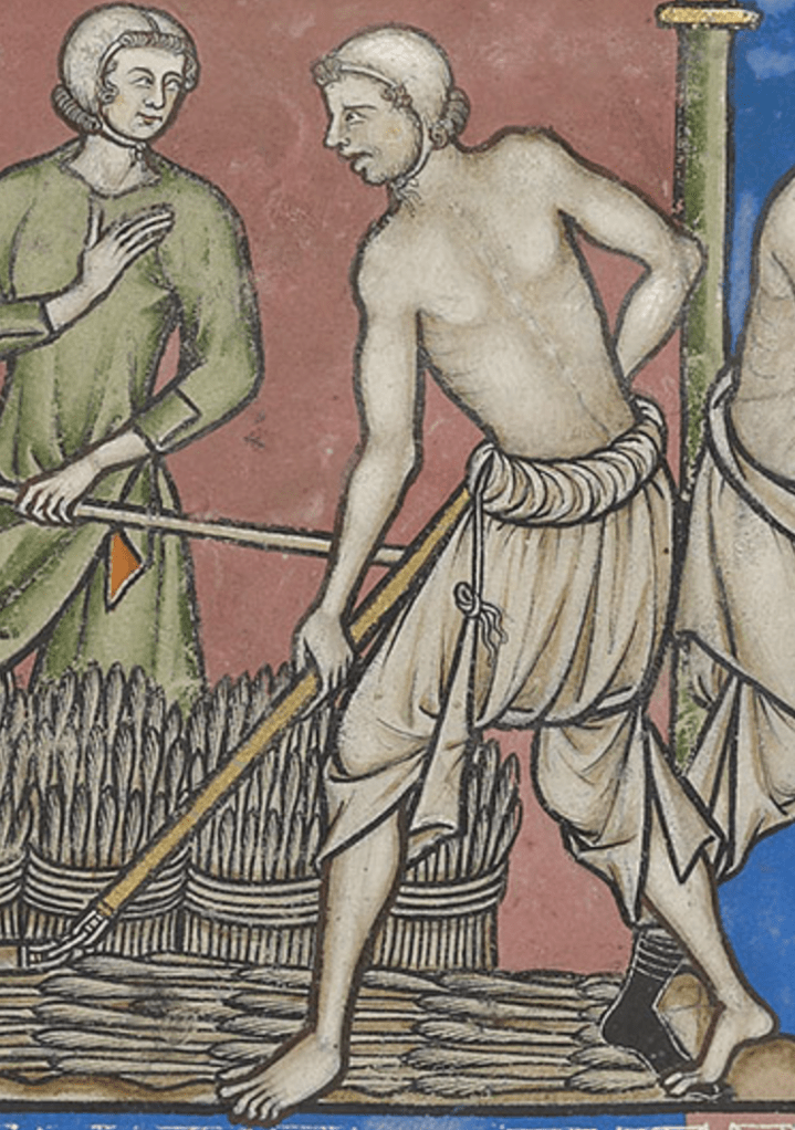 Medieval manuscript image of two field workers holding rakes with bundles of wheat at their feet; the man in the foreground wears only a cap and baggy braies.