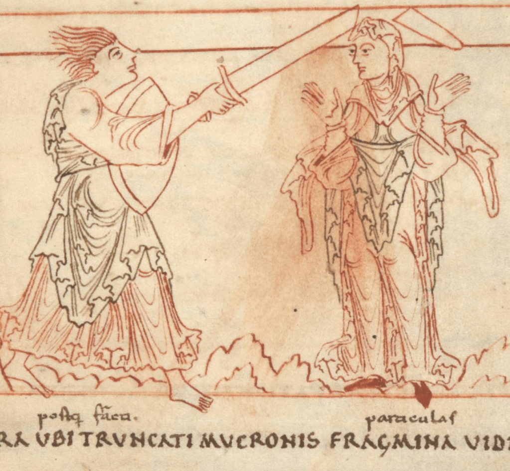 Medieval manuscript image of a warrior bringing down a giant sword on the head of a woman with hands raised; the sword breaks apart upon her head.