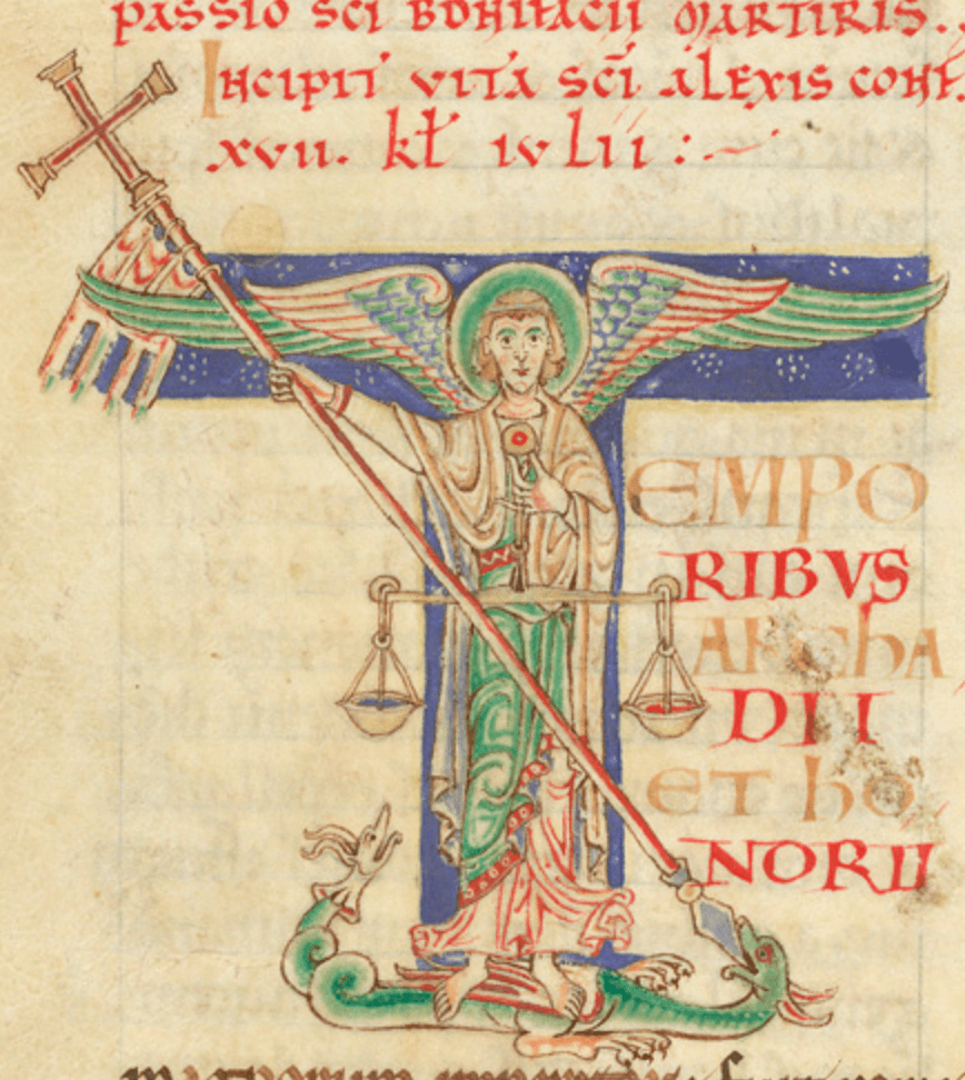 Historiated T initial from a medieval manuscript with Michael the Archangel, who holds scales and spears a dragon below his feet.