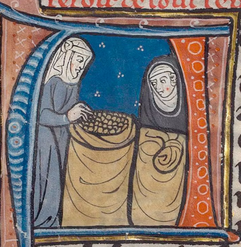 Medieval manuscript image of two servants with sacks of grain.