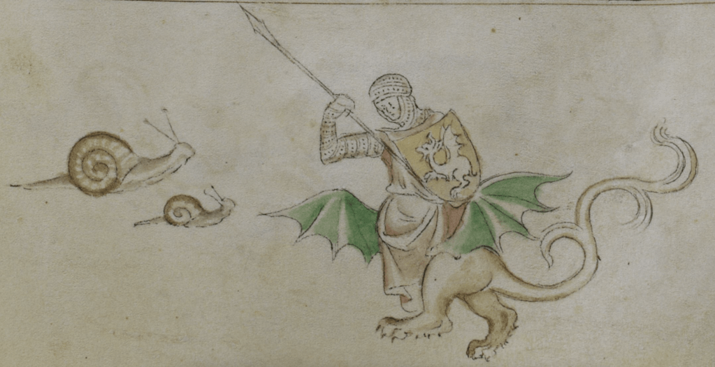 Medieval manuscript image of two snails facing off with a warrior; the warrior holds a shield and spear and his lower half is that of a beast, with clawed feet, green wings and a long hairy tail.