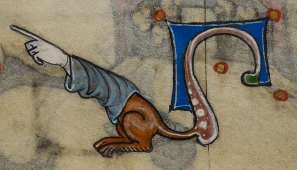 Medieval manuscript image of a a pointing hand coming out of a sleeve, at the other end of which are the hind legs of a dog with a long and peculiarly decorated curving tail.