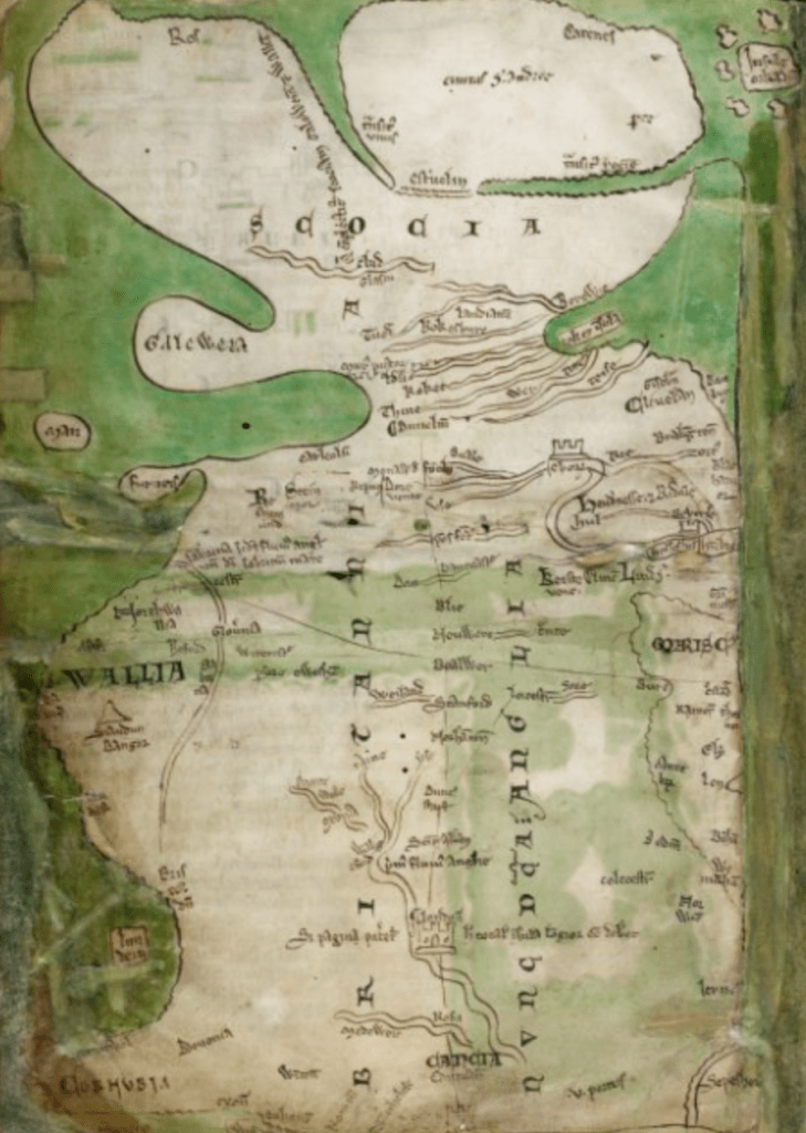 Medieval manuscript map of the isle of Britain, showing the boundaries of Anglia, Scocia and Wallia as well as the names of some counties, cities and towns.
