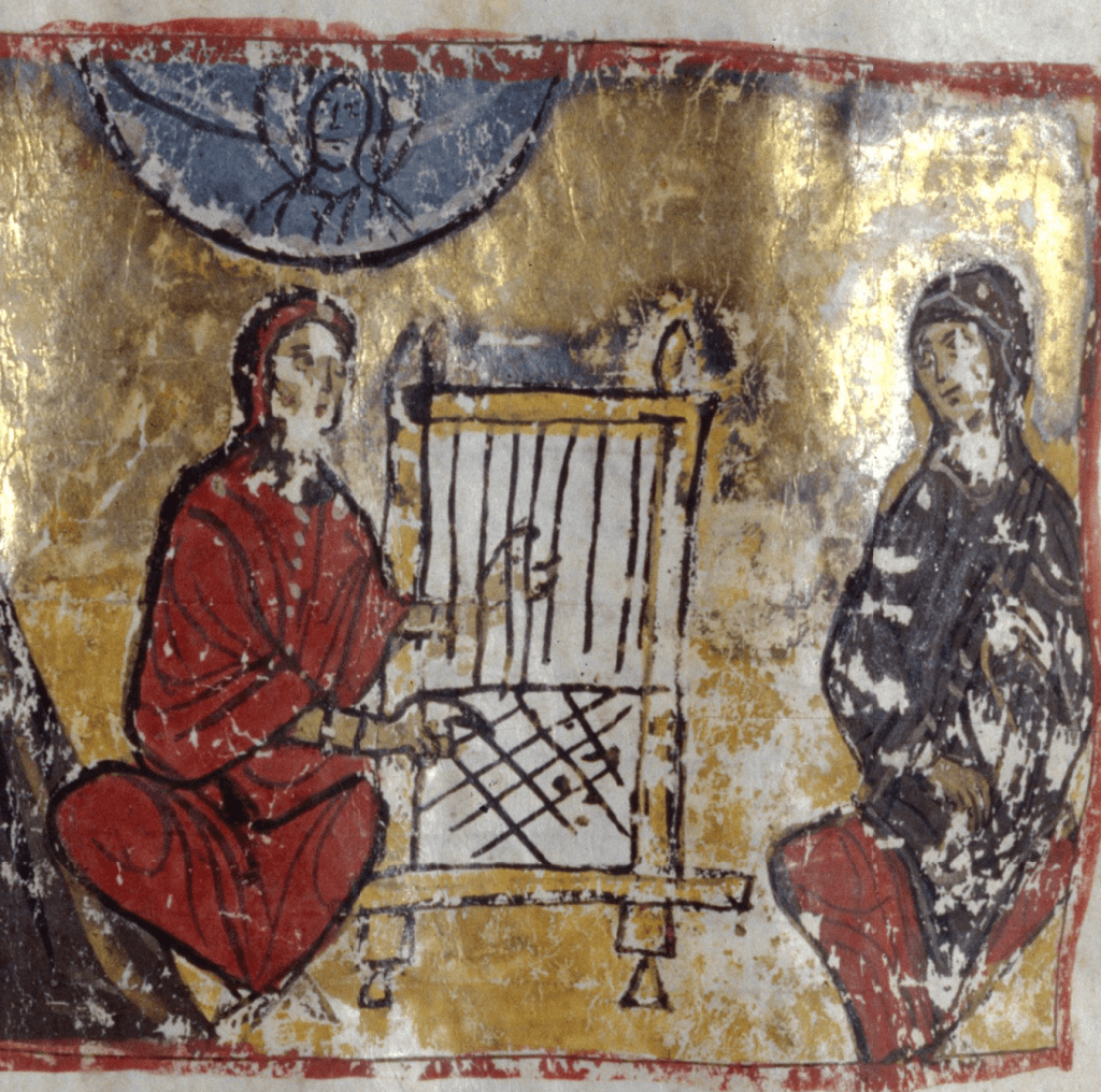 Medieval manuscript image of two women working at a loom, with God looking down from heaven.