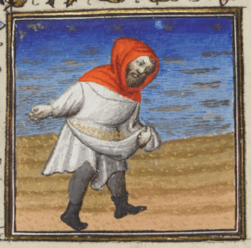 Medieval manuscript image of a man in a red hood carrying seeds in his apron and sowing them by hand in a freshly furrowed field.