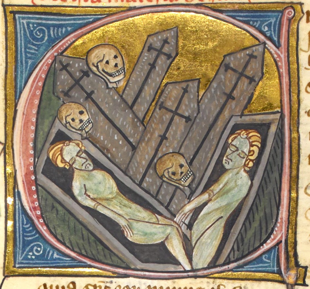 Medieval manuscript image of three skulls and a pile of coffins, two of which are open and contain corpses.