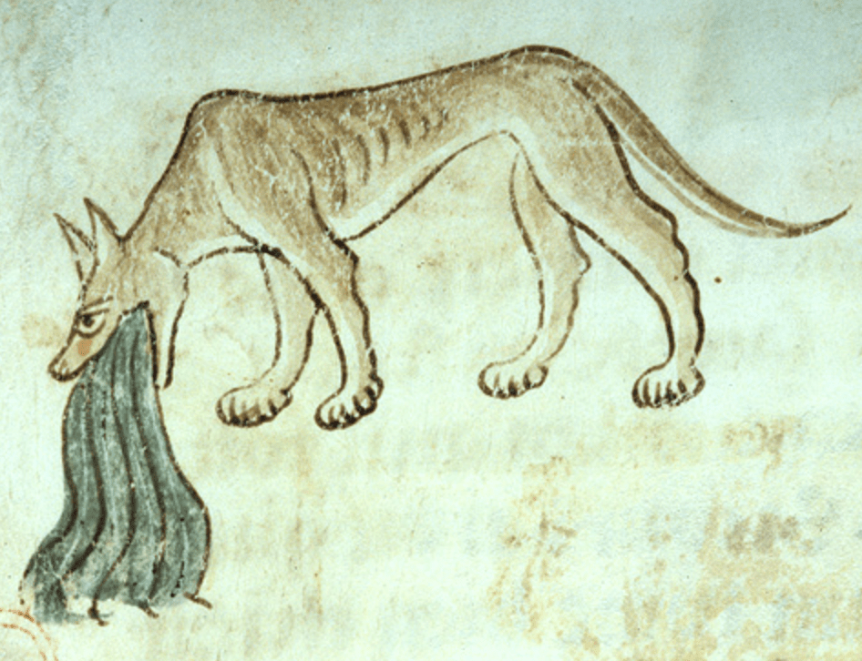 Medieval manuscript image of a wolf vomiting.