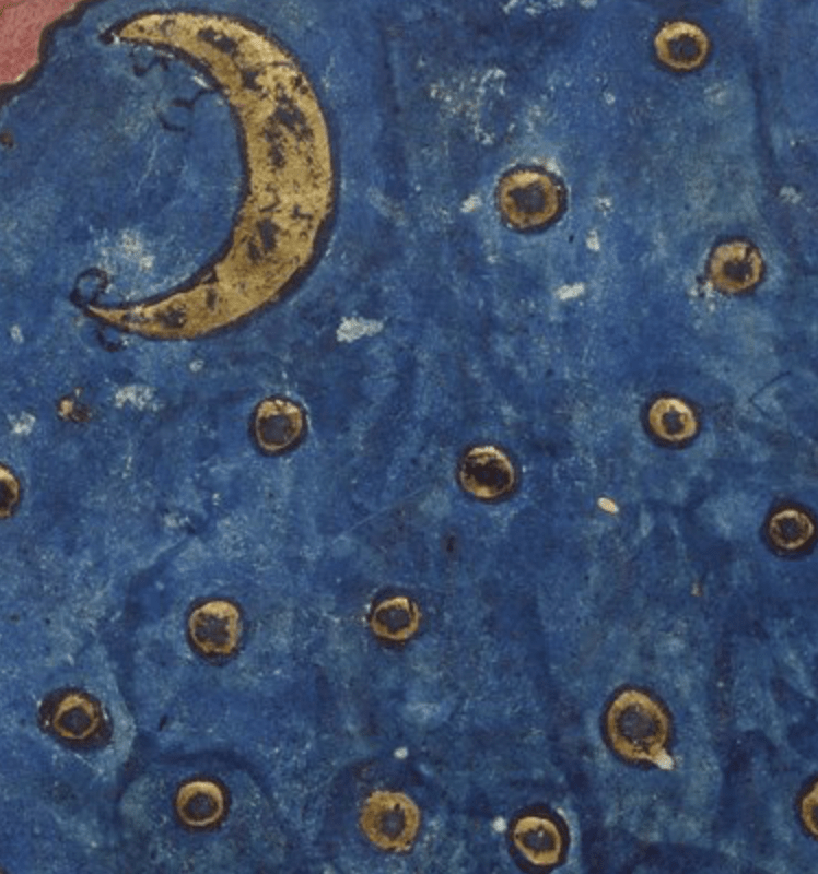 Medieval manuscript image of a dark blue sky with a crescent moon and circular stars in gold.