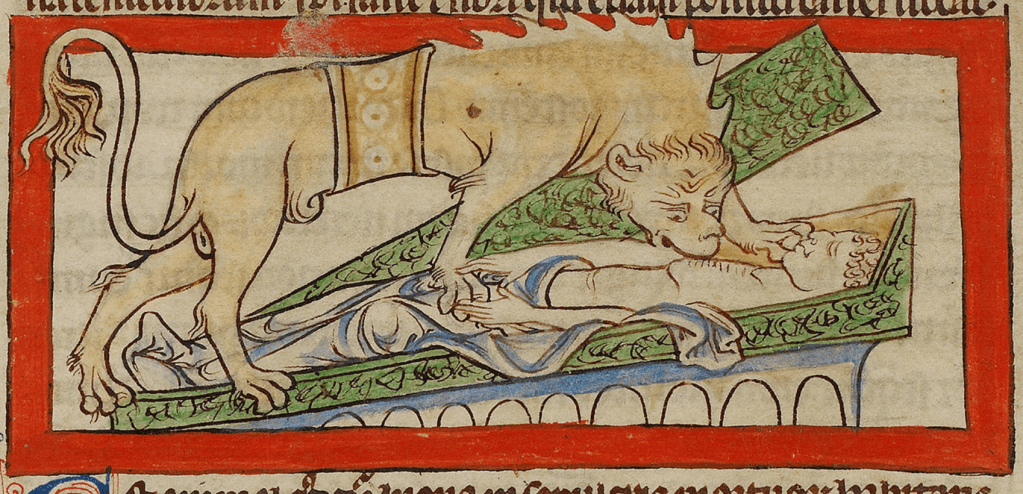 Medieval manuscript image of a hyena biting into a man’s corpse lying in an open coffin.