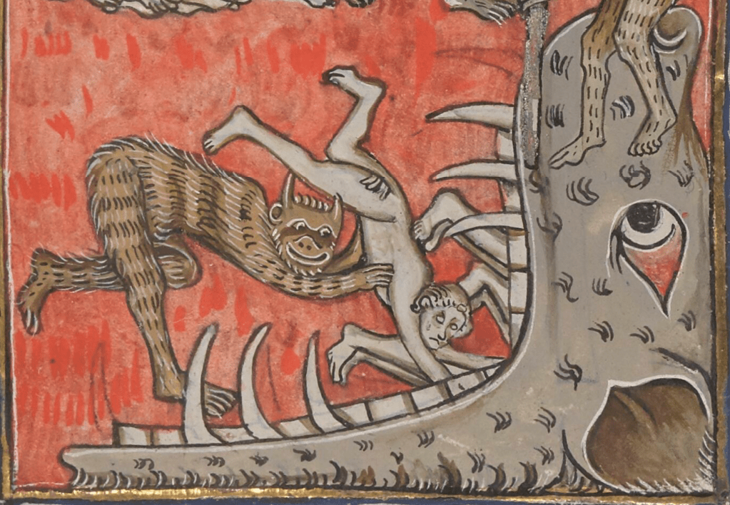 Medieval manuscript image of a gaping hell mouth into which a naked people are being thrown by a grinning, hairy demon.