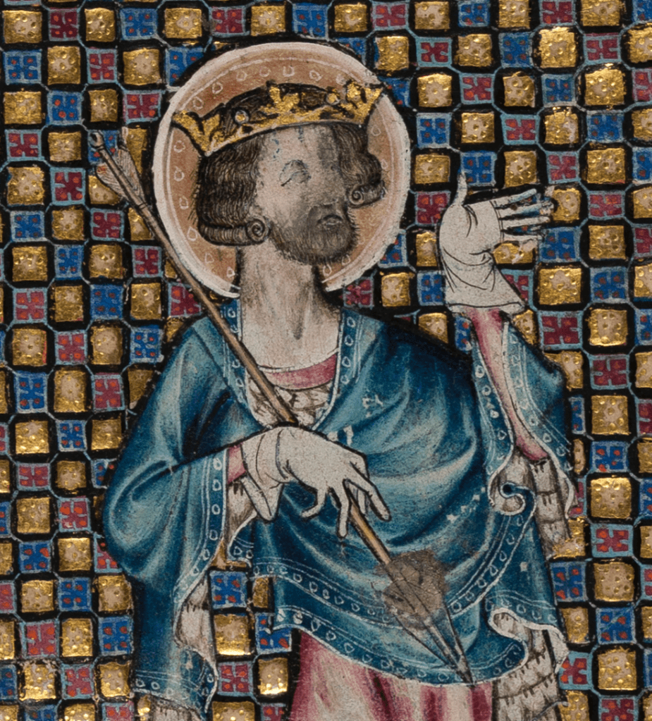 Medieval manuscript image of a haloed, bearded man wearing a crown and fine clothes, bearing one long arrow in his right hand.