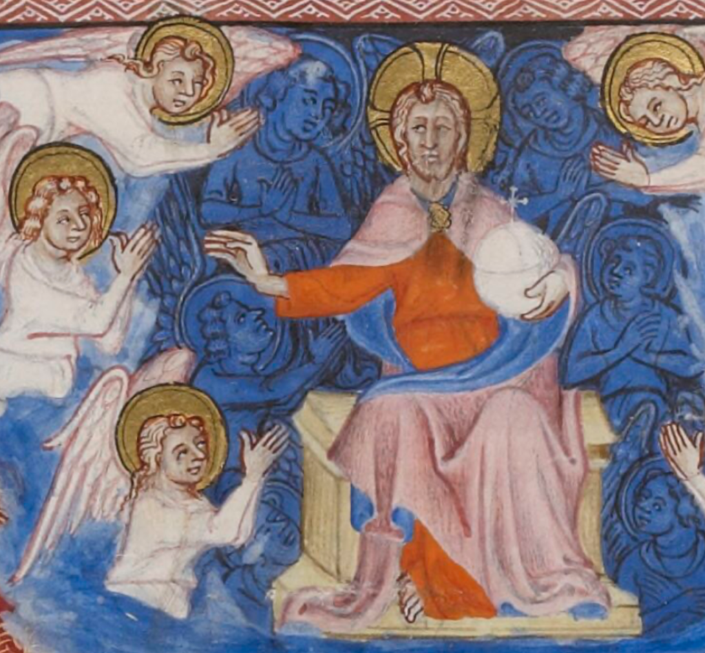Medieval manuscript image of God enthroned holding an orb in his left arm and reaching out the right; he is surrounded by angels, who clasp their hands and look upon him worshipfully.