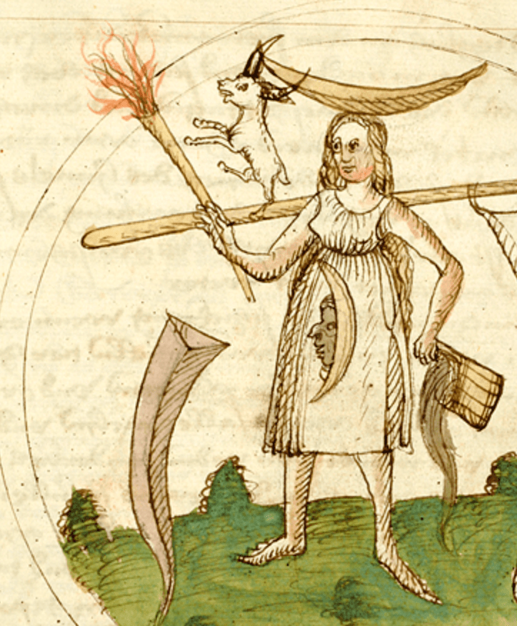 Medieval manuscript image of a woman wearing a sleeveless garment, with a crescent on her head, raising a torch with her right hand and spilling water from a bucket with her left; beside her a rampant ram is perched on a spear.