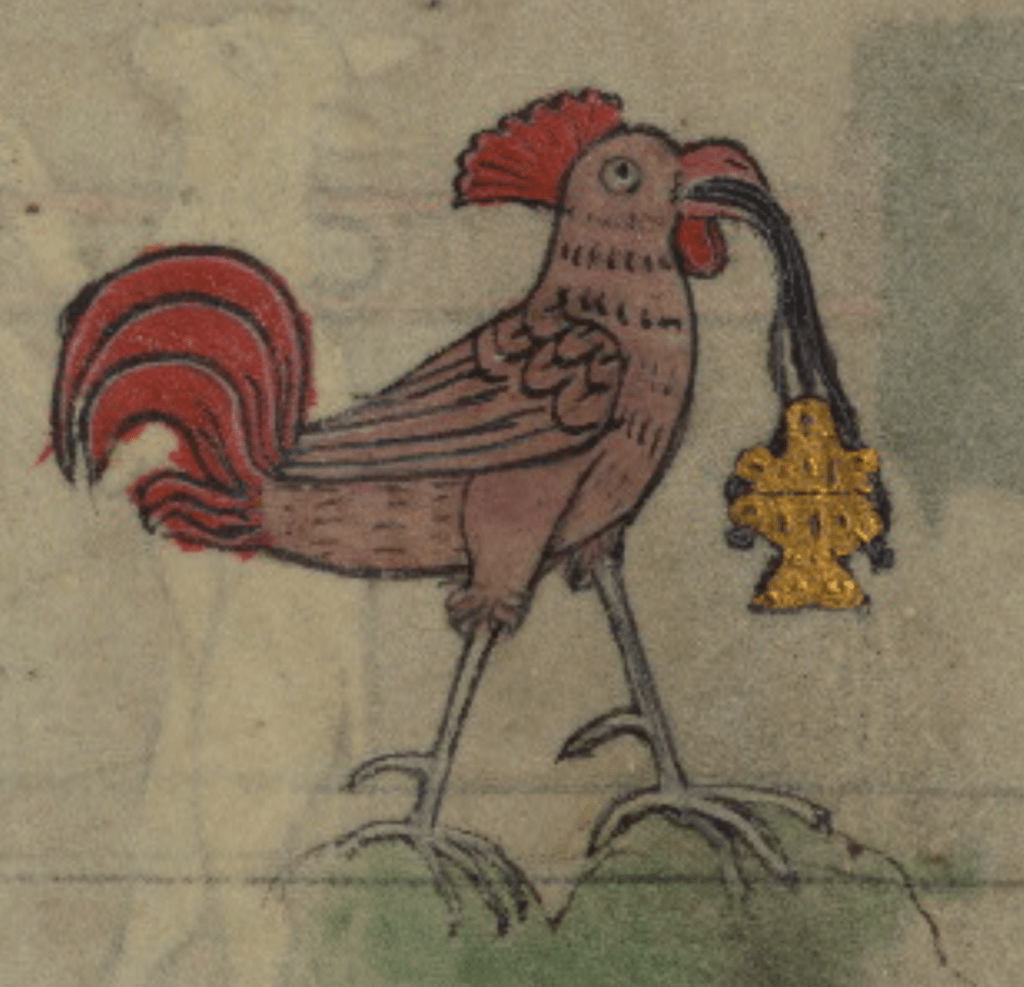 Medieval manuscript image of a rooster swinging a gold censer in its beak.