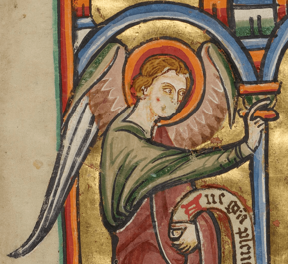 Medieval manuscript image of a feathery-winged angel that’s missing a mouth; the angel’s right hand is held out with index finger extended, while the left hand holds a scroll with words in Latin.
