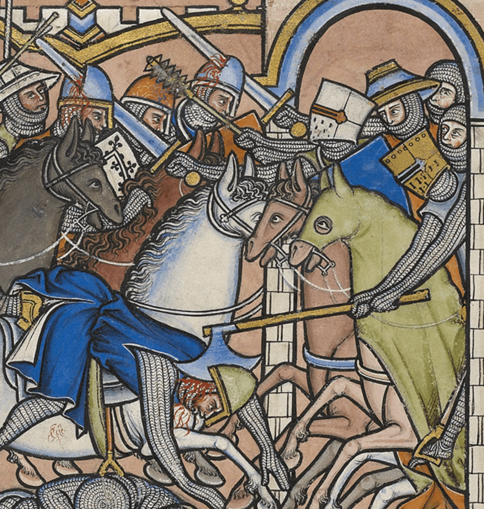 Medieval manuscript image of soldiers battling on horses with swords and clubs; one man is being violently unhorsed by a soldier wielding a battle ax.