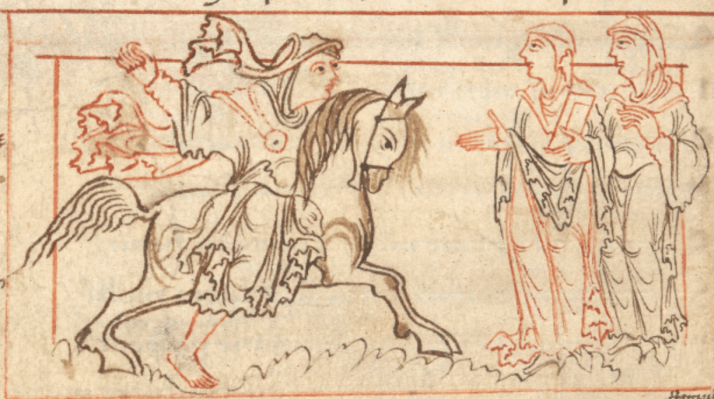 Medieval manuscript image of a woman riding her horse towards two other women, one of whom holds a book in her left hand and stretches out her right hand.