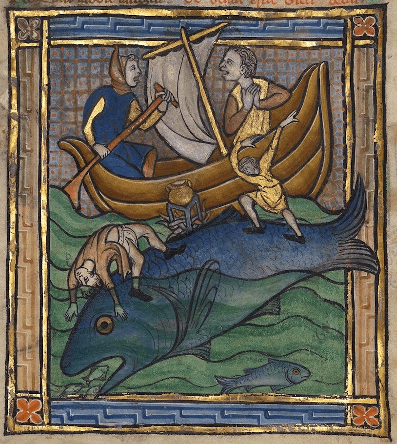 Medieval manuscript image of a boat carrying two sailors floating beside a giant fish, on which rests a cooking pot and two other sailors, one of whom is falling into the sea; the giant fish plunges down to swallow some small fish.