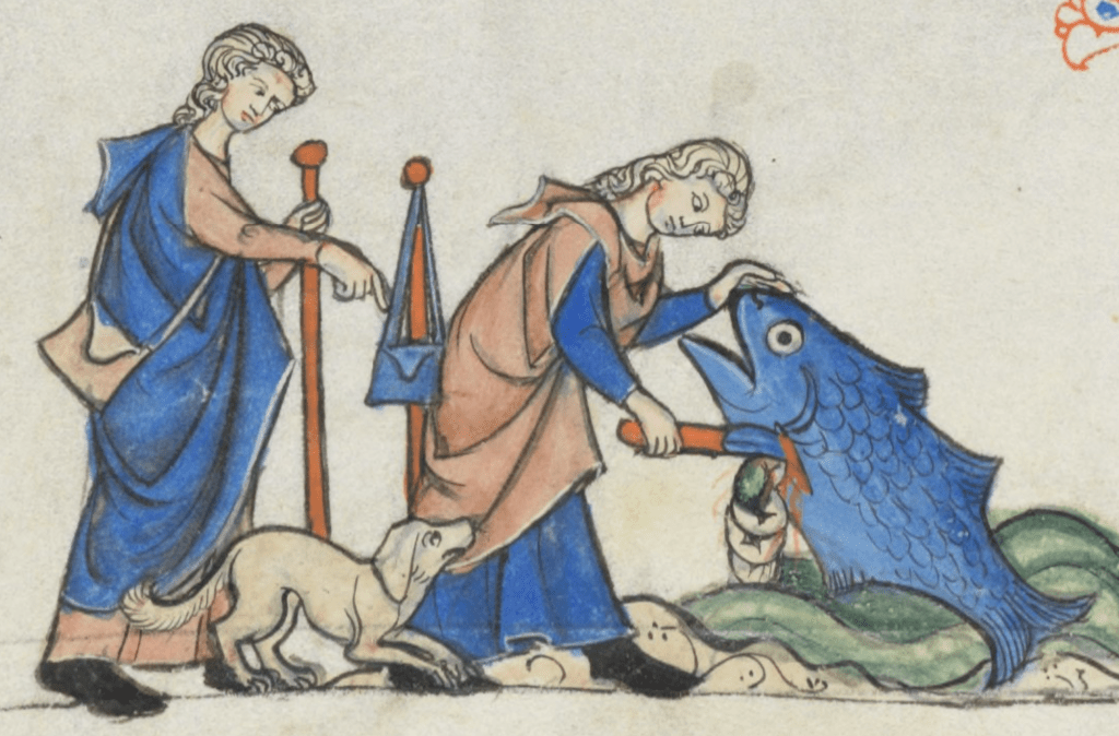Medieval manuscript image of pilgrims with walking sticks, shoulder bags, and a dog; one of them leans over some water and is gutting an enormous fish.