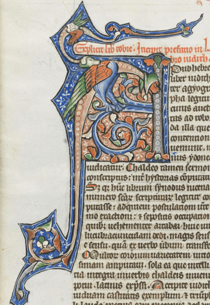 Medieval manuscript page in Latin with the initial A made up of two long-tailed bipedal creatures with wings, one of whom wears a hood; the upper creature has a dog-like head and bites the wings of the other.