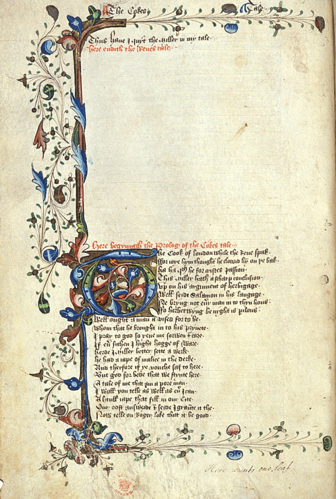 Medieval manuscript page with writing in Middle English and a decorative floral border and initial; the upper half of the page is empty, looking as though an illustration was left out.