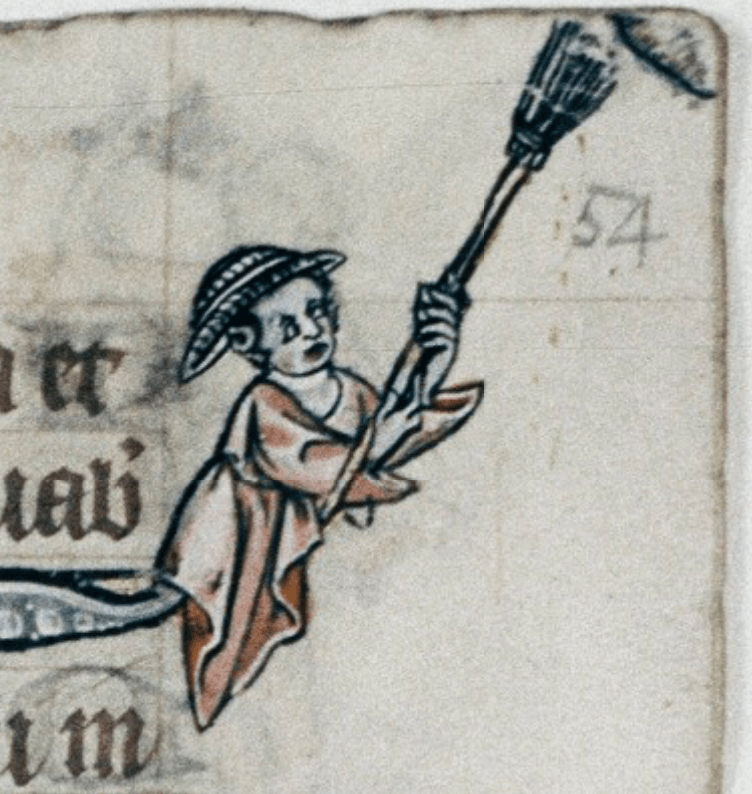 The corner of a medieval manuscript page, in which a person wearing a hat emerges from the Latin text lifting a broom into the air, as if sweeping the corner; the number 54 is written in pencil next to it, the unfortunate choice of some modern-day librarian who wanted to mark the page number.