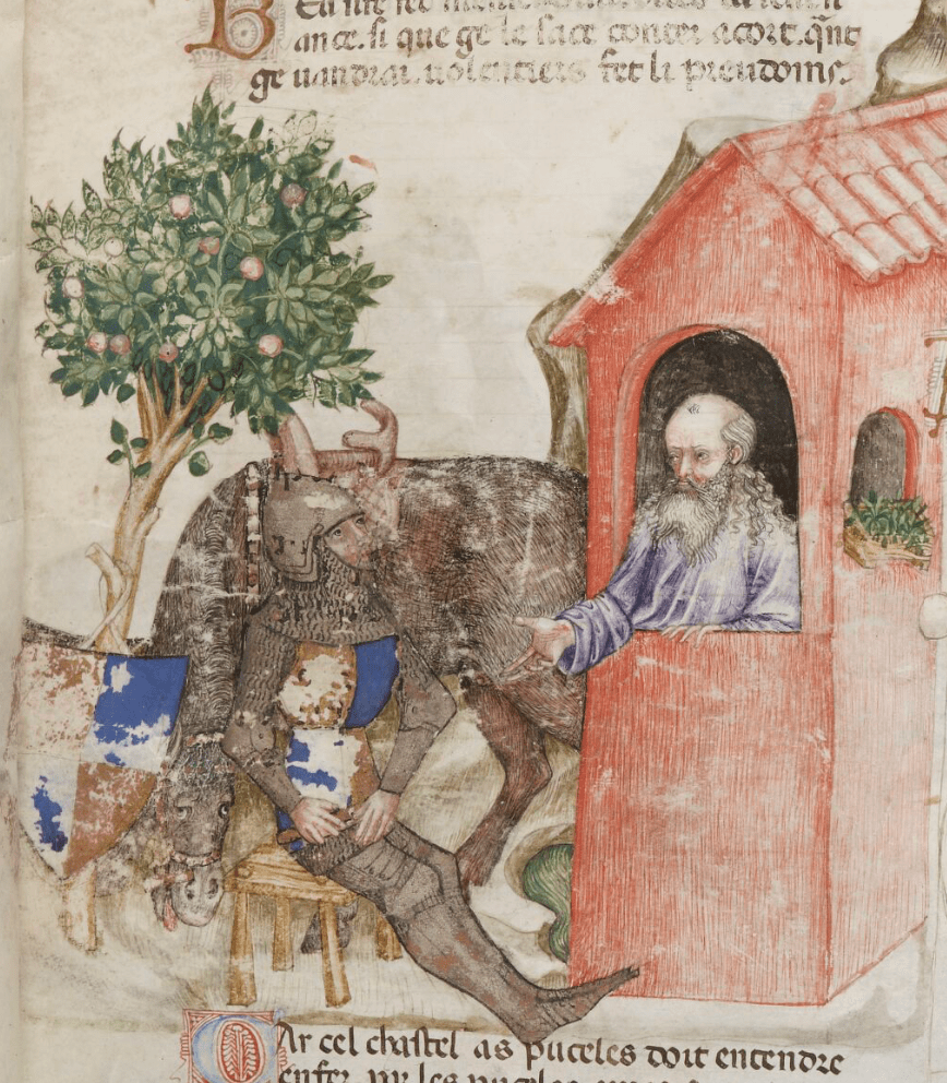 Medieval manuscript image of a bearded hermit learning out of the window of his anchorhold to speak to a knight seated on a bench outside, a horse and a tree beside him.
