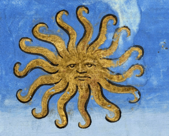Medieval manuscript image of a golden sun with fifteen curling rays and a face with a grumpy-looking expression.