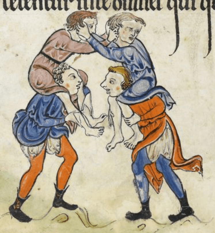 Medieval manuscript image of two men fighting, pulling each other’s hair, while riding on the shoulders of two other men.