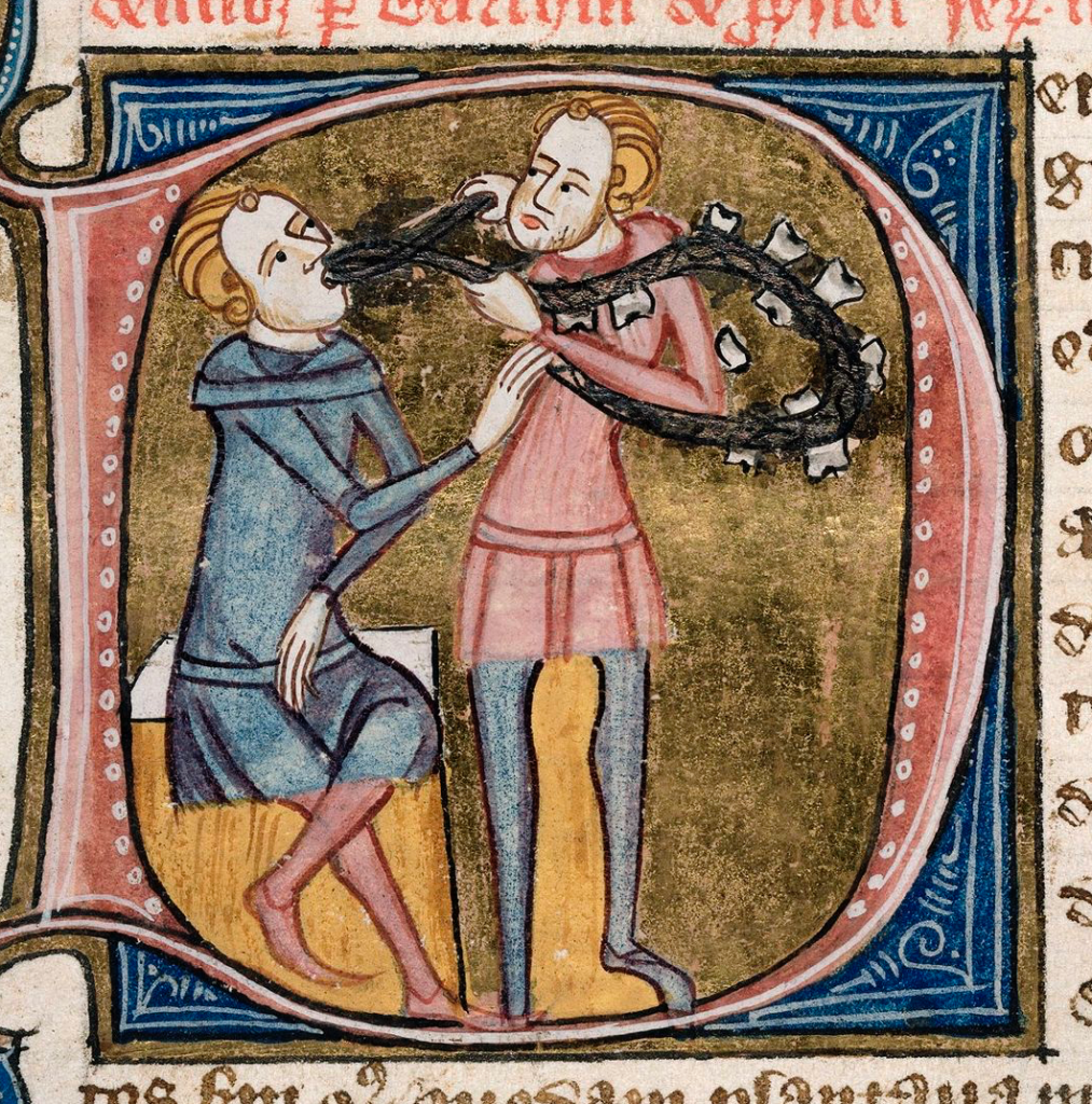 Medieval manuscript image of a letter D inside of which a dentist with forceps and a necklace of large teeth extracts the tooth of a seated man.